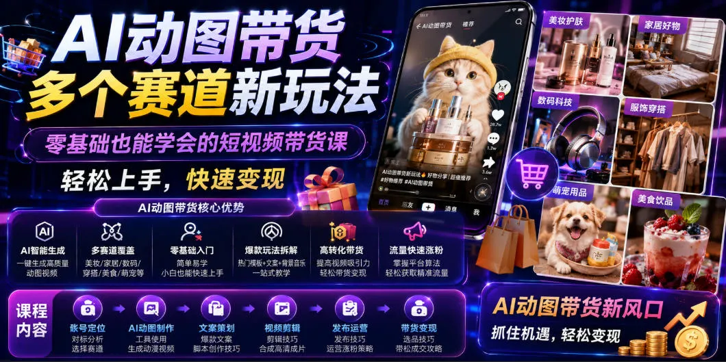 AI动图带货多个赛道新玩法，零基础也能学会的短视频带货课，轻松上手，快速变现-副业吧