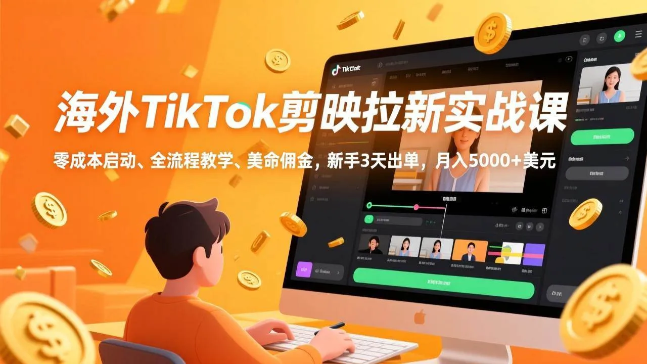 （17340期）海外TikTok剪映拉新实战课，零成本启动、全流程教学、美金佣金，新手3天出单，月入5000+美元-副业吧
