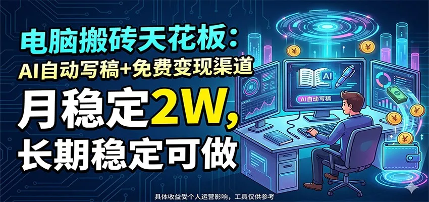 电脑搬砖天花板：AI自动写稿+免费变现渠道，月稳定2W，长期稳定可做-副业吧