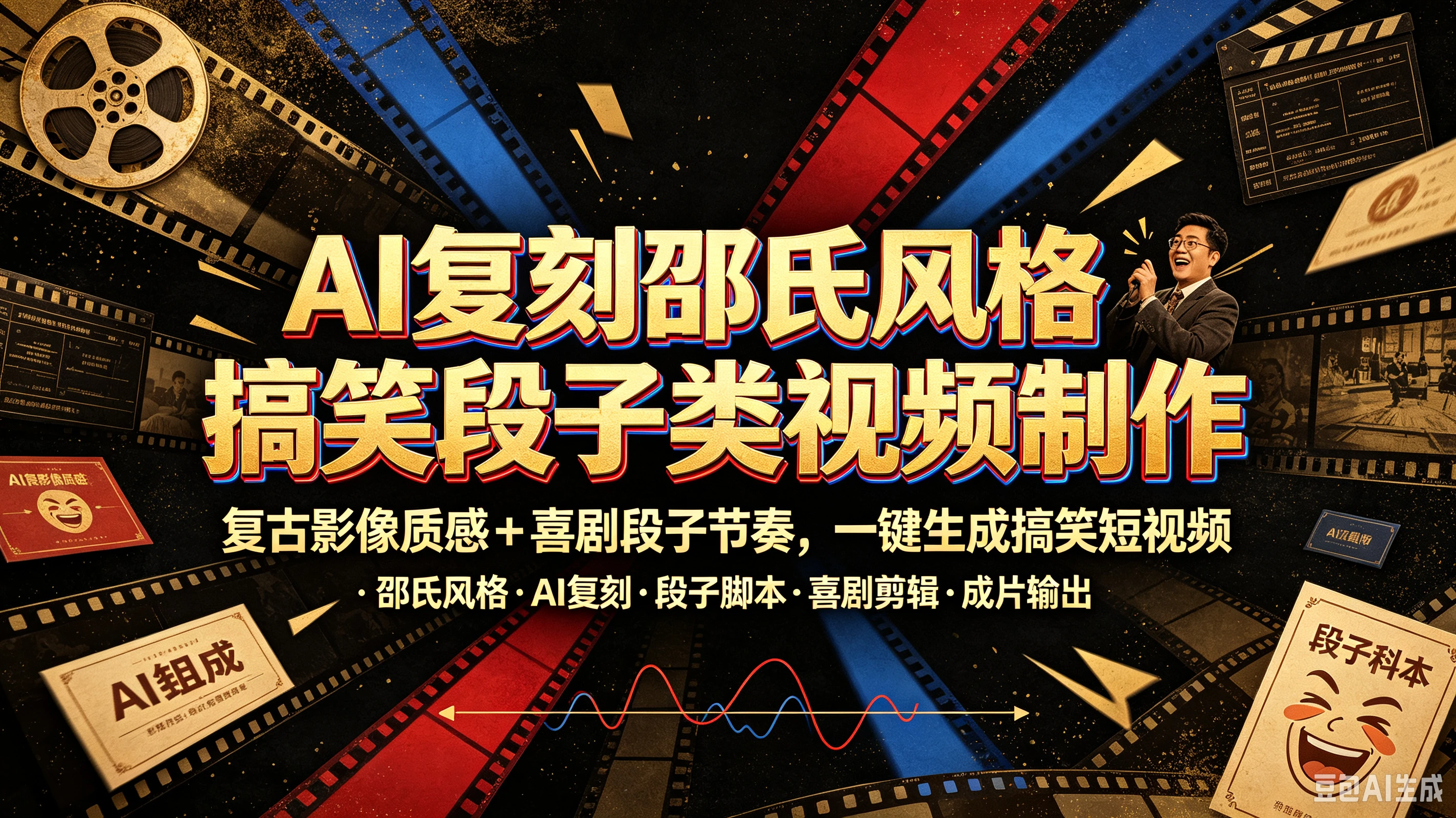 AI复刻邵氏风格搞笑段子类视频制作,复古影像质感+喜剧段子节奏,一键生成搞笑短视频-副业吧