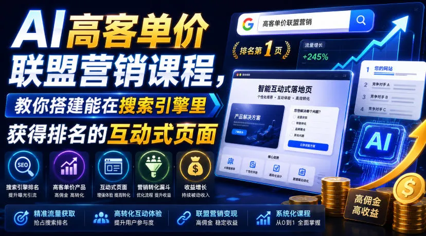 AI高客单价联盟营销课程,教你搭建能在搜索引擎里获得排名的互动式页面,引来流量,把访客转化为高佣金的成交【原创双语字幕】-副业吧