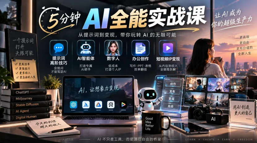 5分钟AI全能实战课｜提示词高阶技巧+AI智能体+数字人+办公创作+短视频IP变现全教程-副业吧