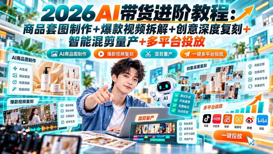 2026AI带货进阶教程：商品套图制作+爆款视频拆解+创意深度复刻+智能混剪量产+多平台投放-副业吧