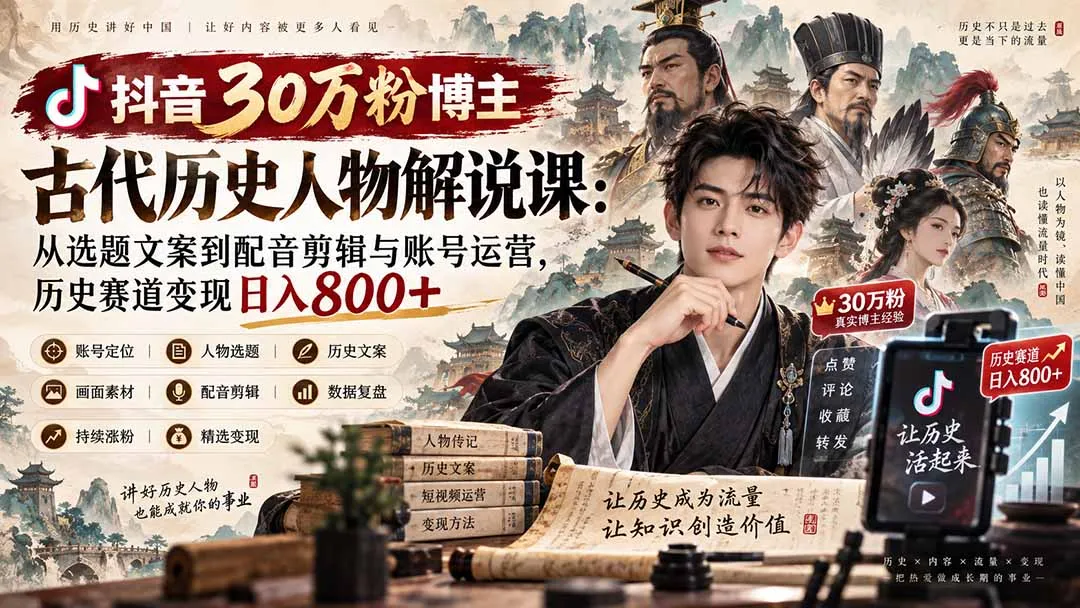抖音30万粉博主古代历史人物解说课：从选题文案到配音剪辑与账号运营，历史赛道变现日入800+-副业吧