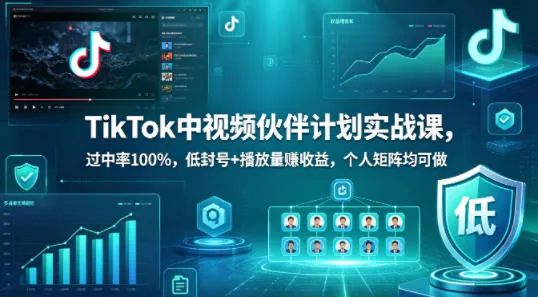 TikTok中视频伙伴计划实战课，过中率100%，低封号+播放量賺收益，个人矩阵均可做-副业吧