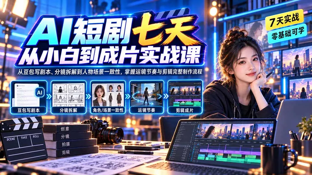 AI短剧七天从小白到成片实战课：从豆包写剧本、分镜拆解到人物场景一致性，掌握运镜节奏与剪辑完整制作流程-副业吧