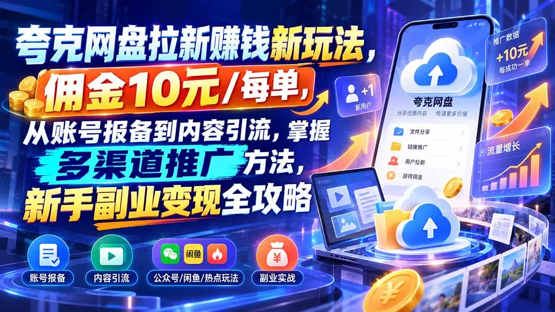 夸克网盘拉新赚钱新玩法,佣金10元/每单,从账号报备到内容引流,掌握多渠道推广方法,新手副业变现全攻略-副业吧