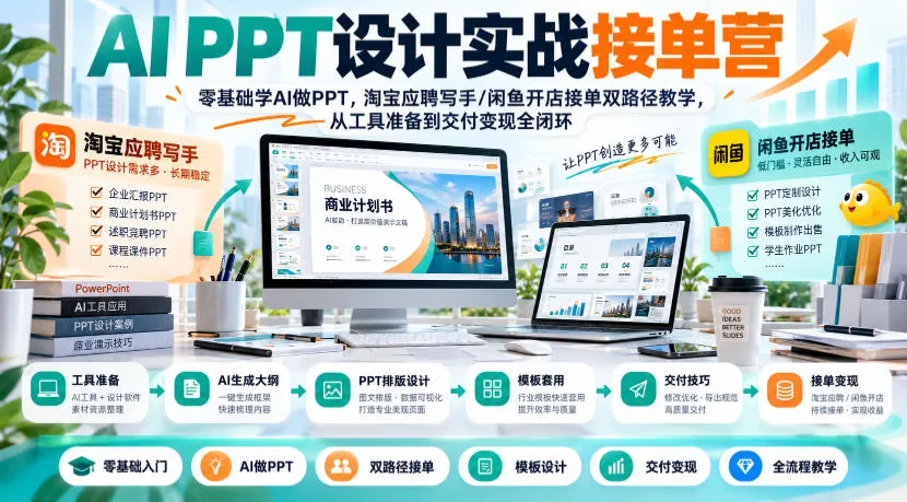 AI PPT设计实战接单营|零基础学AI做PPT,淘宝应聘写手/闲鱼开店接单双路径教学,从工具准备到交付变现全闭环-副业吧