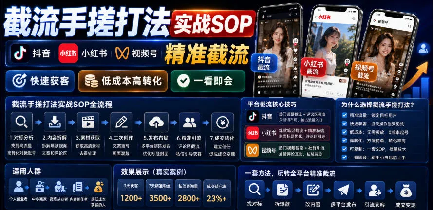 截流手搓打法实战SOP,抖音小红书视频号精准截流,快速获客,低成本高转化,一看即会-副业吧