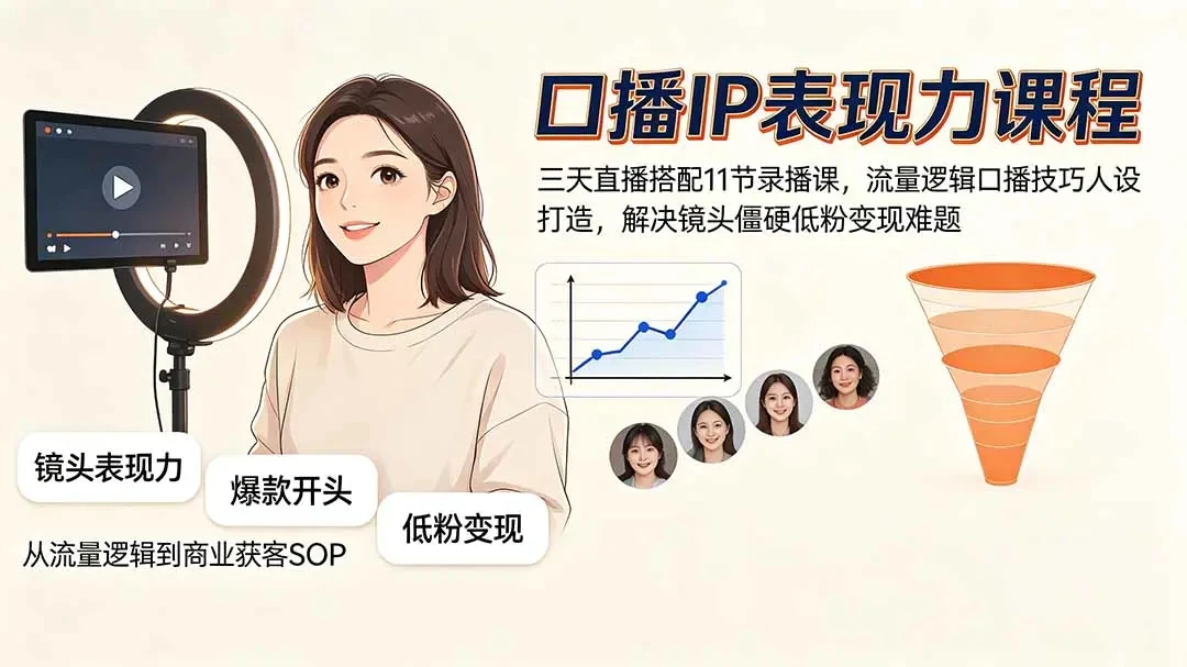 【精】个人IP表现力精华课,爆款开头镜头眼神人设故事情绪调动口播表达技巧低粉变现-副业吧