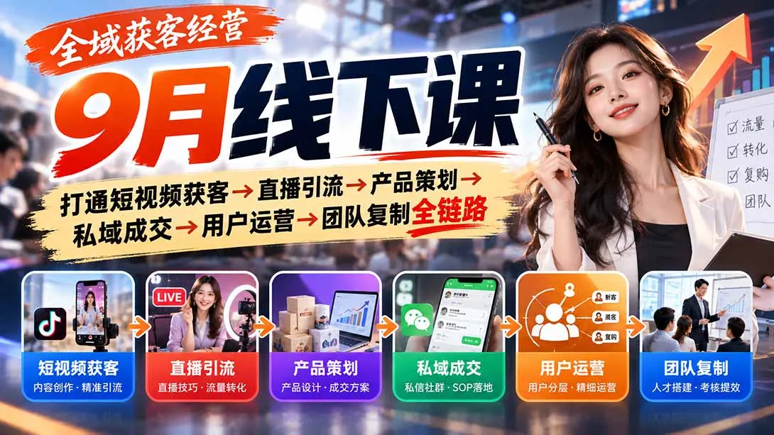 全域获客经营9月线下课:打通短视频获客→直播引流→产品策划→私域成交→用户运营→团队复制全链路-副业吧