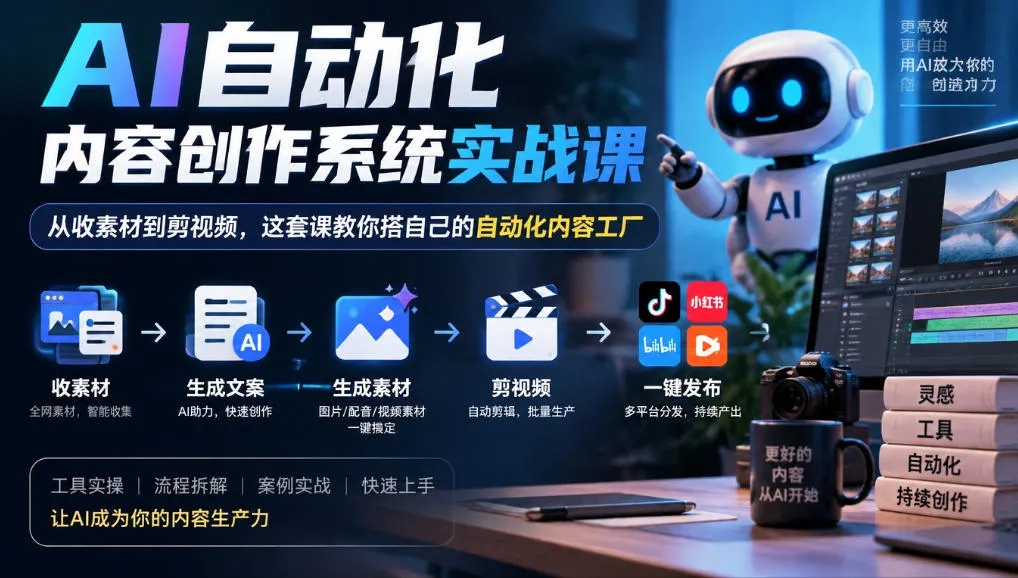 AI自动化内容创作系统实战课,从收素材到剪视频,这套课教你搭自己的自动化内容工厂-副业吧