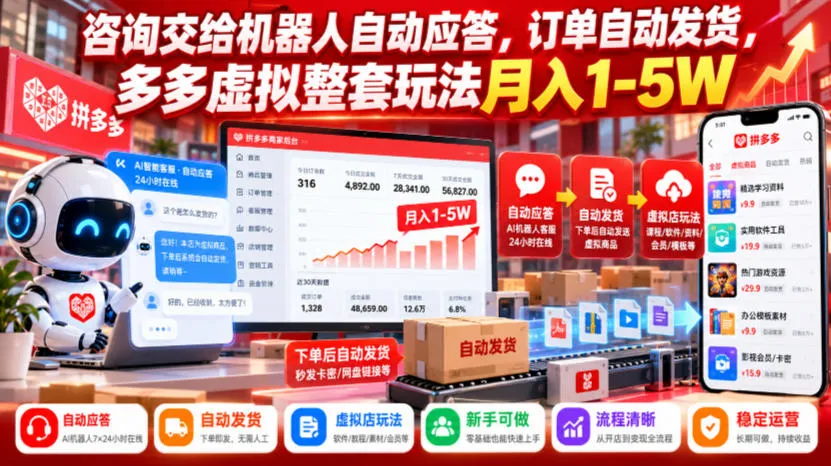 咨询交给机器人自动应答,订单自动发货,多多虚拟整套玩法月入1-5W【揭秘】-副业吧