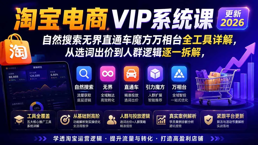 淘宝电商VIP系统课-更新8月；自然搜索无界直通车魔方万相台全工具详解，从选词出价到人群逻辑逐一拆解-副业吧