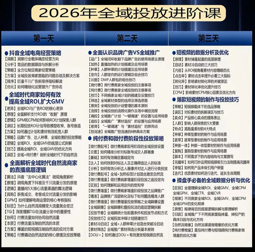 千川扫地僧2026抖音全域投放进阶课,少走弯路·快速起量·掌控增长,6月12-14号杭州线下课-副业吧