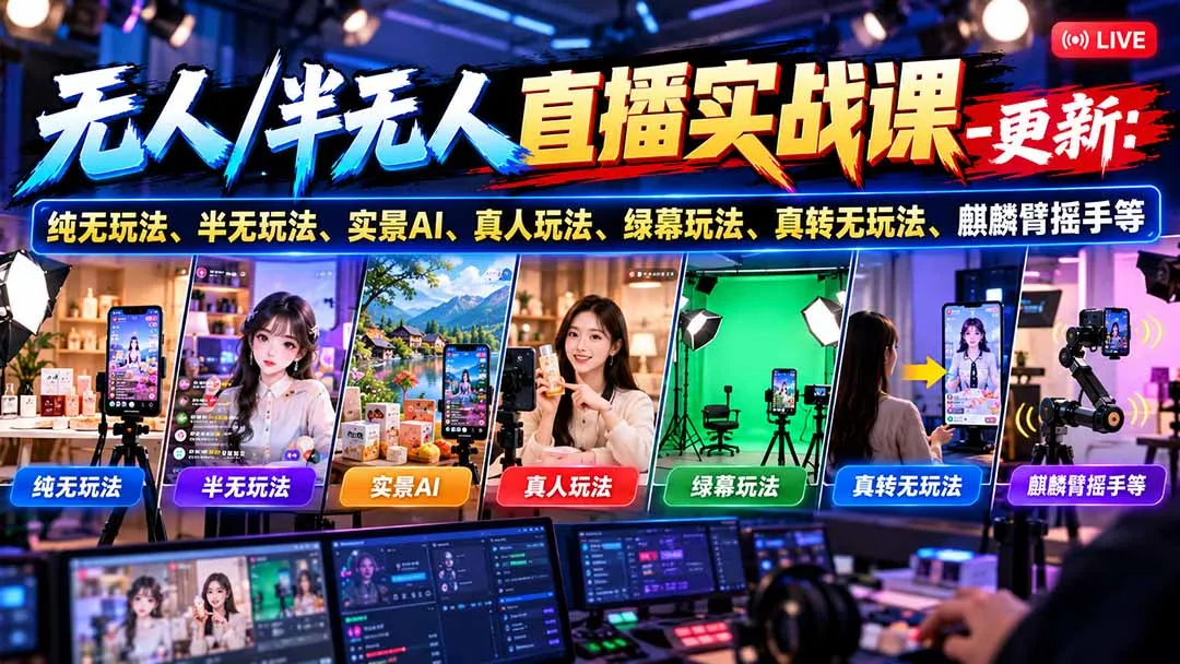 无人/半无人直播实战课-10月20更新：纯无玩法、半无玩法、实景AI、真人玩法、绿幕玩法、真转无玩法、麒麟臂摇手等-副业吧
