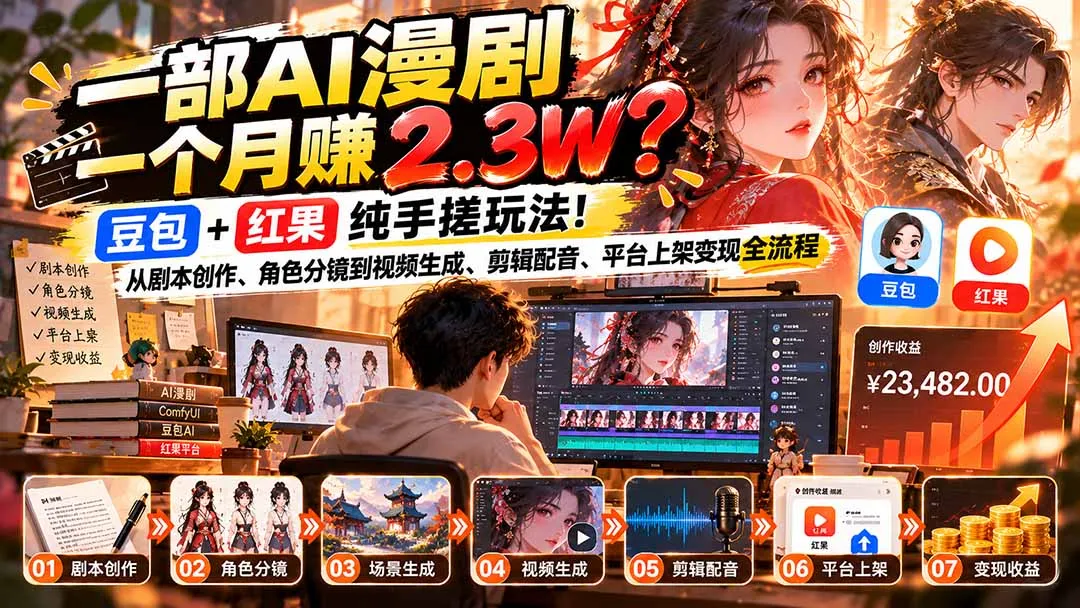 一部AI漫剧一个月赚2.3W？豆包+红果纯手搓玩法！从剧本创作、角色分镜到视频生成、剪辑配音、平台上架变现全流程-副业吧