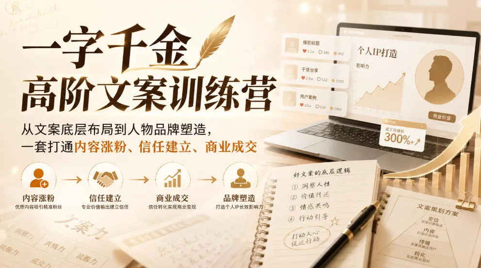 一字千金高阶文案训练营,从文案底层布局到人物品牌塑造,一套打通内容涨粉、信任建立、商业成交-副业吧
