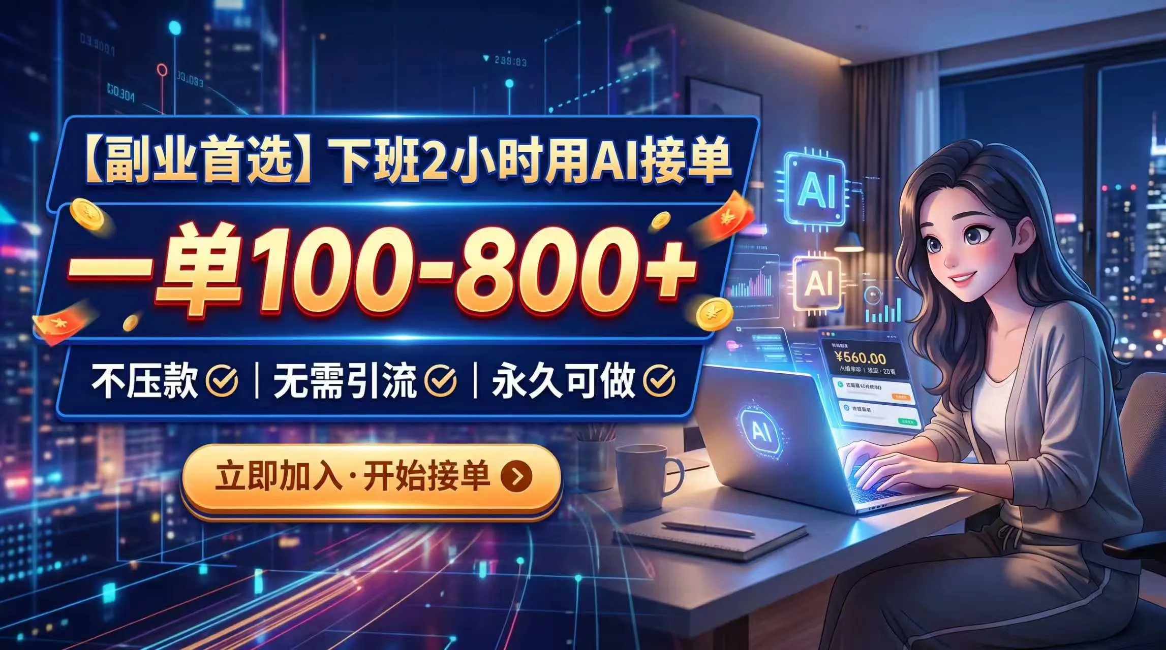 下班2小时用AI接单，一单100-800+，不压款，无需引流，永久可做-副业吧