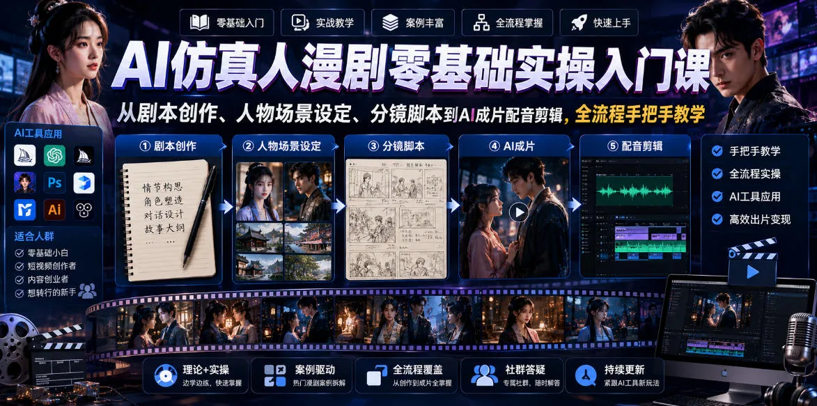 AI仿真人漫剧零基础实操入门课,从剧本创作、人物场景设定、分镜脚本到AI成片配音剪辑,全流程手把手教学-副业吧