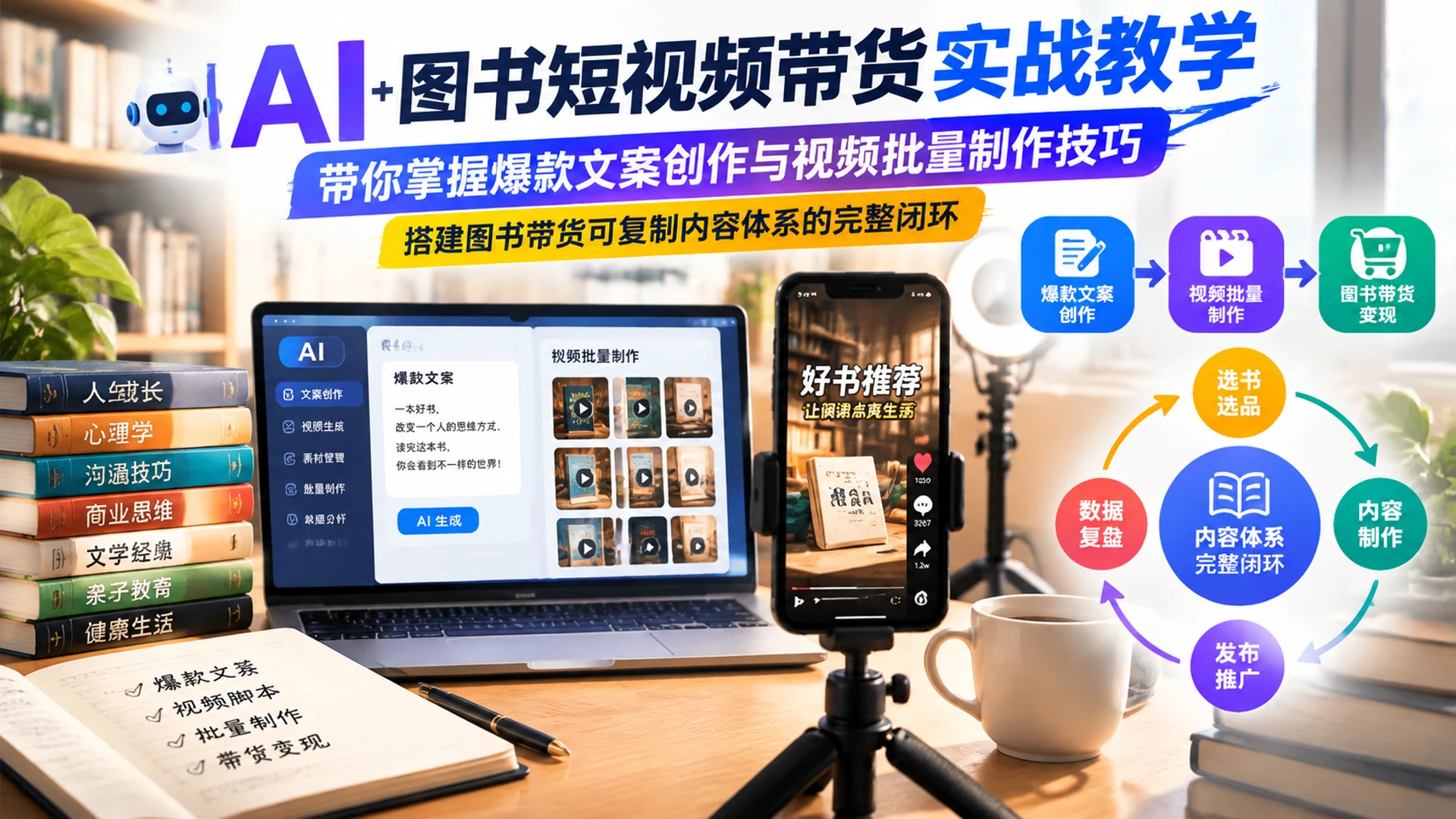 【精】AI图书短视频带货实战教学，带你掌握爆款文案创作与视频批量制作技巧，搭建图书带货可复制内容体系的完整闭环-副业吧