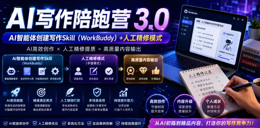 【精】AI写作陪跑营3.0,Ai智能体创建写作skill(workbuddy)+人工手写模式(手搓模式),去除AI痕迹(头条号、公众号、百家号)-副业吧