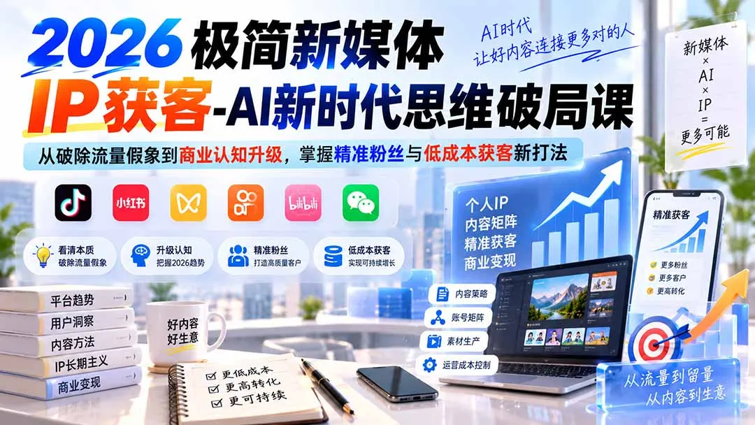 2026极简新媒体IP获客-AI新时代思维破局课:从破除流量假象到商业认知升级,掌握精准粉丝与低成本获客新打法-副业吧