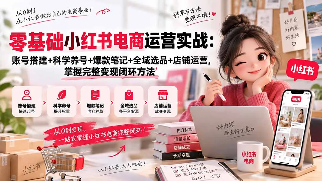 零基础小红书电商运营实战:账号搭建+科学养号+爆款笔记+全域选品+店铺运营,掌握完整变现闭环方法-副业吧