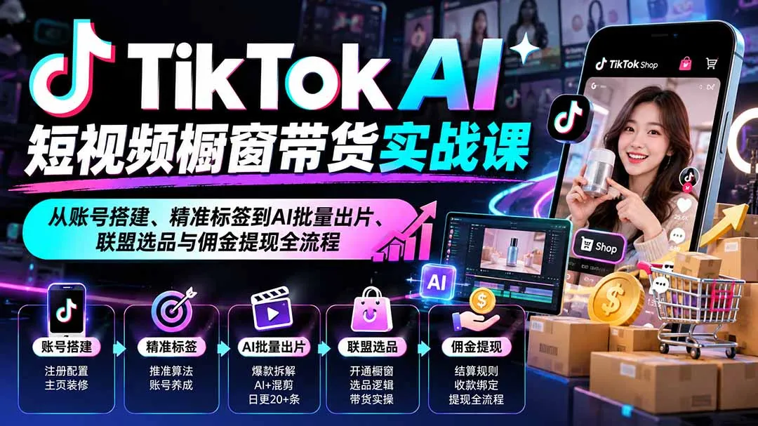 TikTok AI短视频橱窗带货实战课:从账号搭建、精准标签到AI批量出片、联盟选品与佣金提现全流程-副业吧