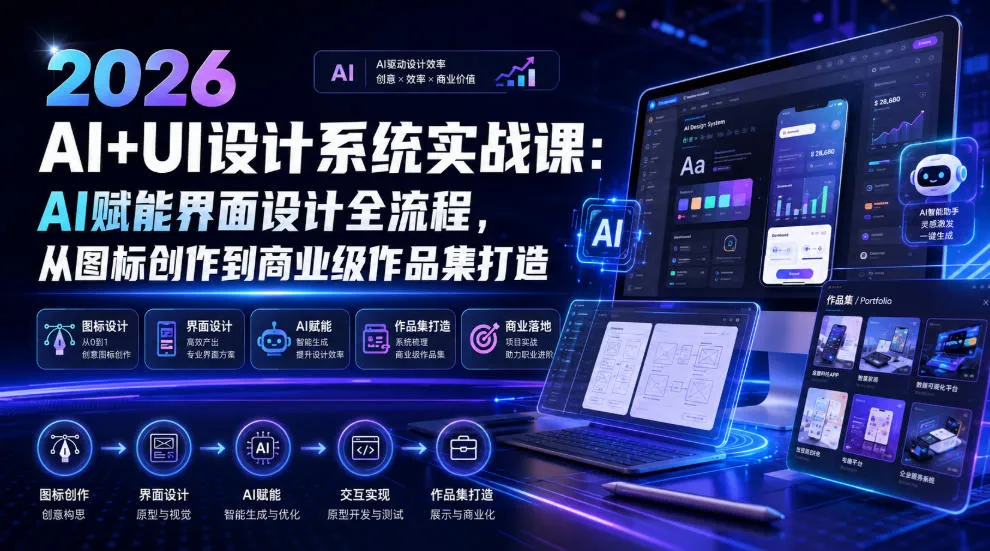 2026 AI+UI设计系统实战课:AI赋能界面设计全流程,从图标创作到商业级作品集打造-副业吧