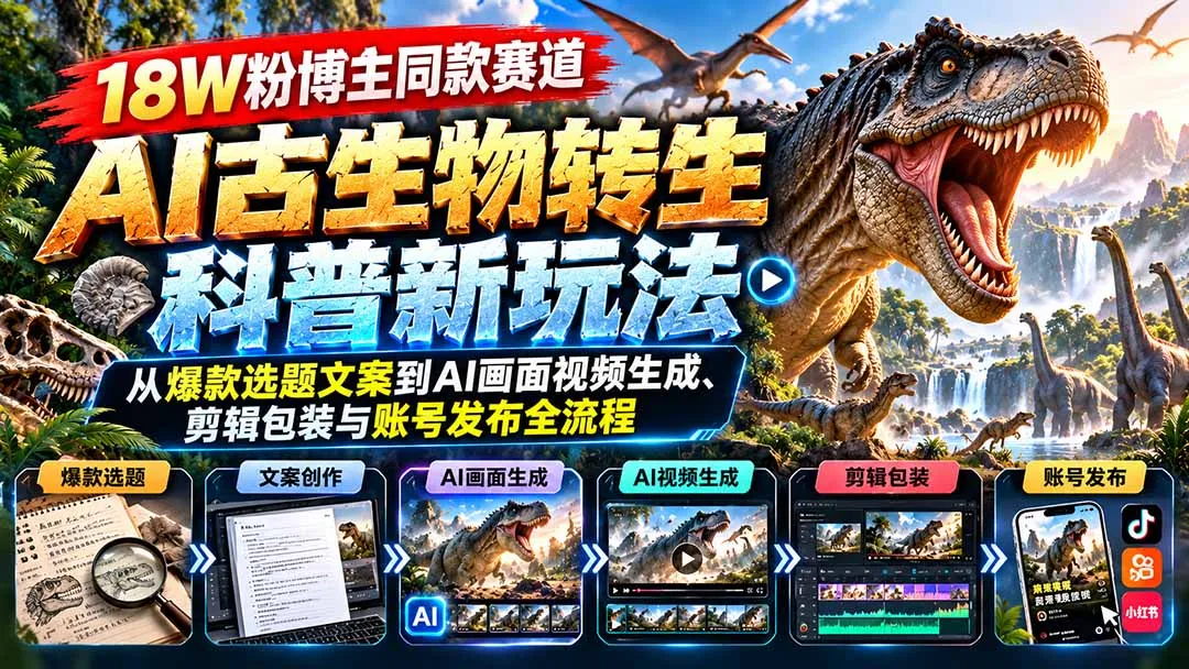 18W粉博主同款赛道-AI古生物转生科普新玩法:从爆款选题文案到AI画面视频生成、剪辑包装与账号发布全流程-副业吧