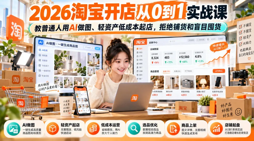 2026淘宝开店从0到1实战课,教普通人用AI做图、轻资产低成本起店,拒绝铺货和盲目囤货-副业吧