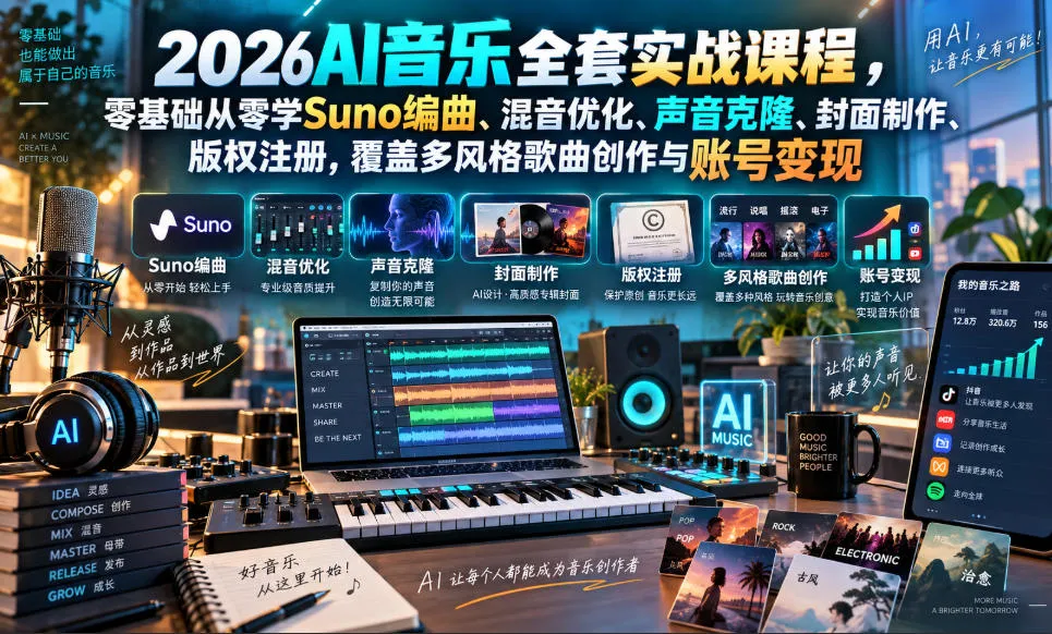 2026AI音乐实战课程,零基础从零学Suno编曲、混音优化、声音克隆、版权注册,覆盖多风格歌曲创作与账号变现-副业吧