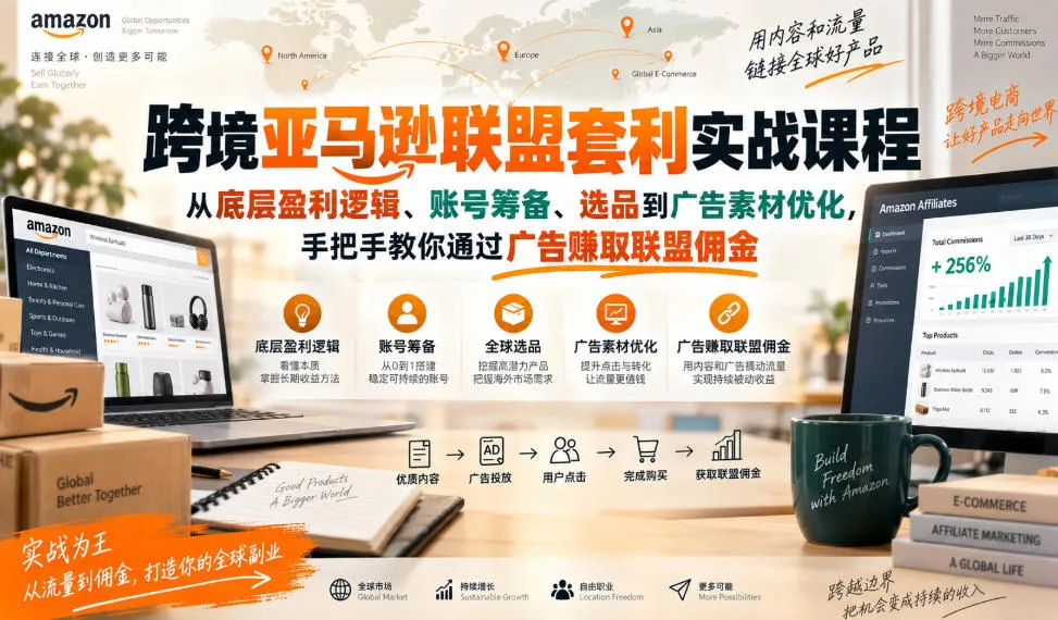 跨境亚马逊联盟套利实战课程,从底层盈利逻辑、账号筹备、选品到广告素材优化,手把手教你通过广告賺取联盟佣金-副业吧