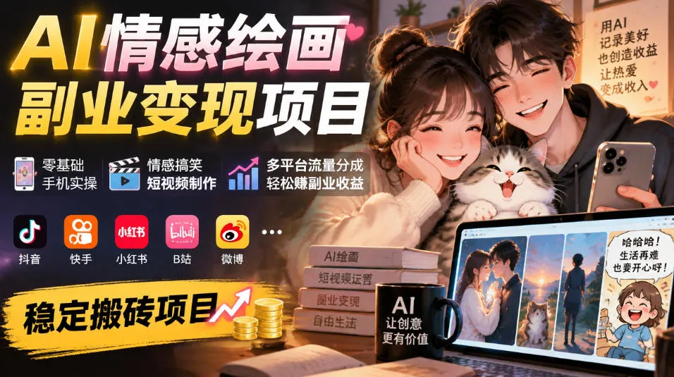 AI情感绘画副业变现项目|零基础手机实操,情感搞笑短视频制作,多平台流量分成轻松賺副业收益-副业吧