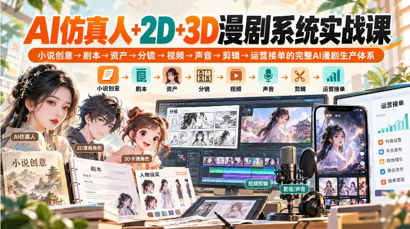 【无水印】AI仿真人+2D+3D漫剧系统实战课,小说创意→剧本→资产→分镜→视频→声音→剪辑→运营接单的完整AI漫剧生产体系-副业吧