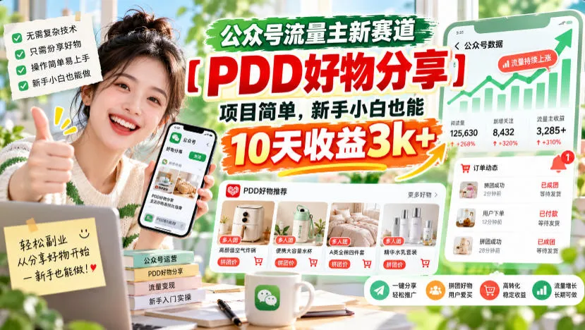 公众号流量主新赛道【PDD好物分享】,项目简单,新手小白也能10天收益3k+-副业吧