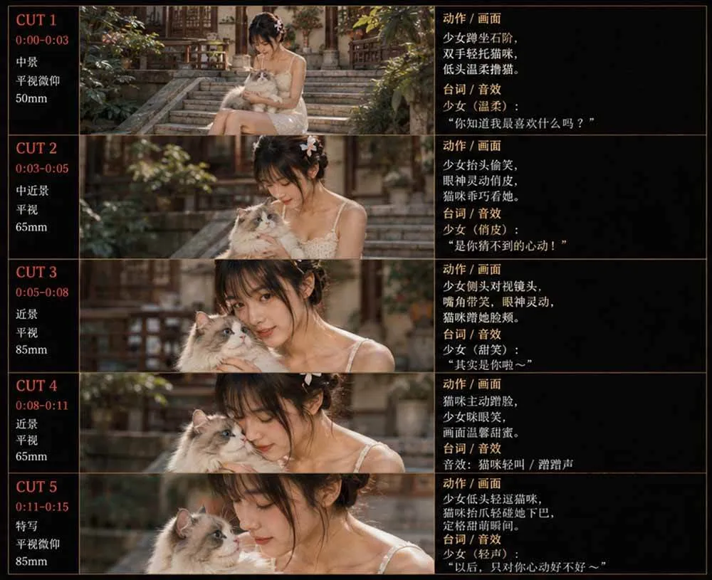 (18909期)美女和猫故事提示词,人物一致性提示词+故事板-副业吧