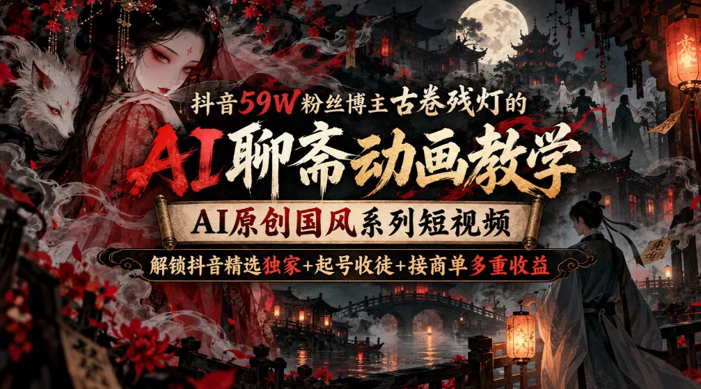 【精】抖音59W粉丝博主古卷残灯的AI聊斋动画教学,AI原创国风系列短视频,解锁抖音精选独家+起号收徒+接商单多重收益-副业吧