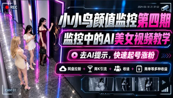 小小鸟颜值监控第四期，监控中的AI美女视频教学，去AI提示，快速起号涨粉，网盘拉新+商K引流+收徒+商单等多种收益-副业吧