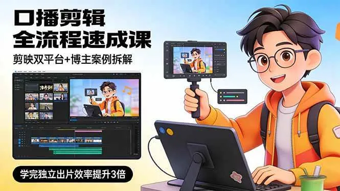 (17420期)口播剪辑全流程速成课,剪映双平台+博主案例拆解,学完独立出片效率提升3倍-副业吧