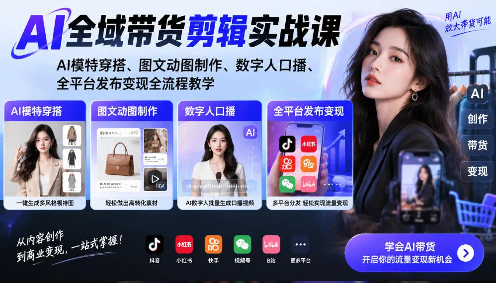 AI全域带货剪辑实战课|AI模特穿搭、图文动图制作、数字人口播、全平台发布变现全流程教学-副业吧