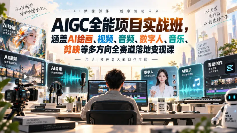 AIGC全能项目实战班，涵盖AI绘画、视频、音频、数字人、音乐、剪映等多方向全赛道落地变现课-副业吧