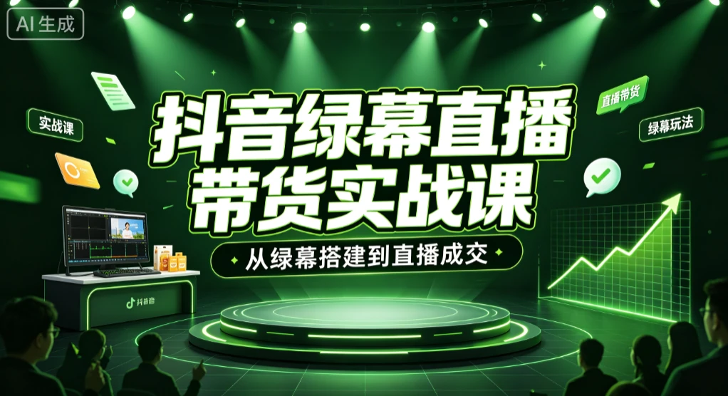 【精】抖音绿幕直播带货实战课,从绿幕搭建到直播成交-副业吧