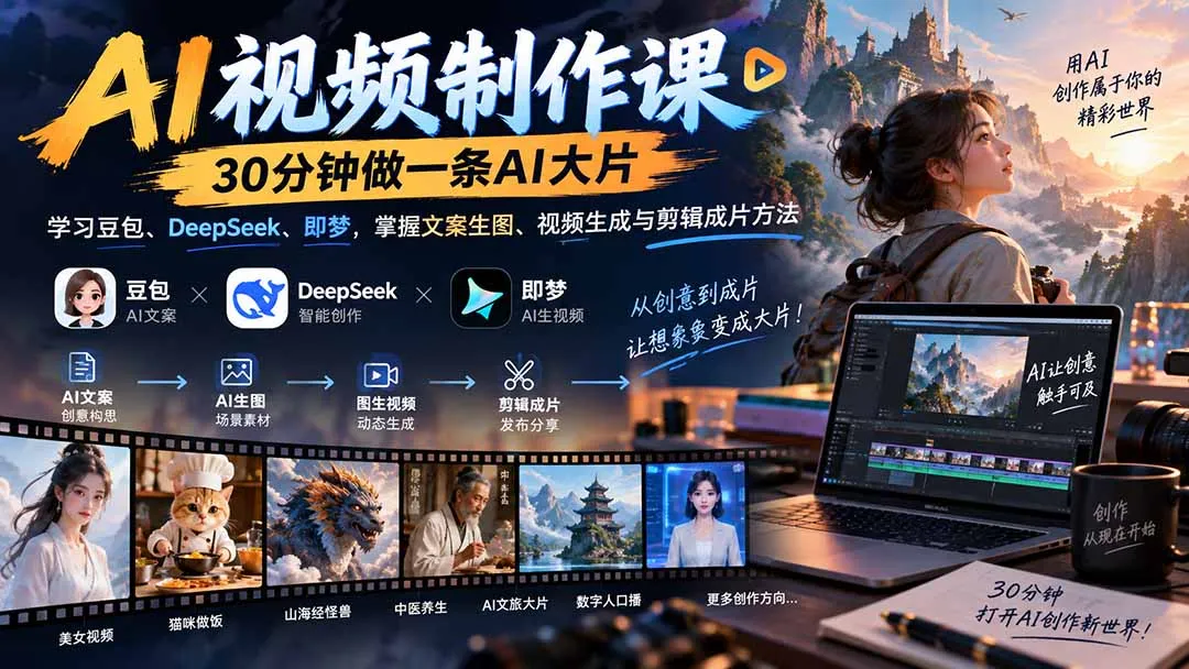 AI视频制作课-30分钟做一条AI大片：学习豆包、DeepSeek、即梦，掌握文案生图、视频生成与剪辑成片方法-副业吧