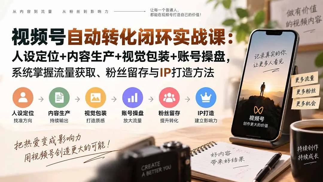 视频号自动转化闭环实战课：人设定位+内容生产+视觉包装+账号操盘，系统掌握流量获取、粉丝留存与IP打造方法-副业吧