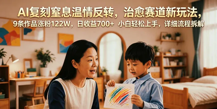 AI复刻窒息温情反转，治愈赛道新玩法，9条作品涨粉122W，日收益700+ 小白轻松上手，详细流程拆解-副业吧