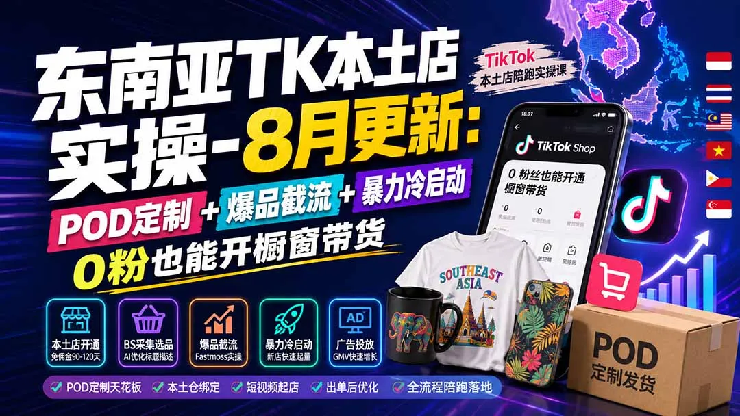 东南亚TK本土店实操-8月更新：POD定制+爆品截流+暴力冷启动，0粉也能开橱窗带货-副业吧