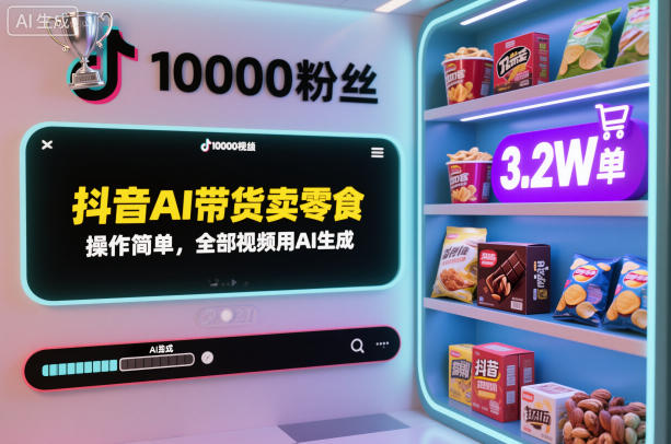 抖音AI带货卖零食，操作简单，全部视频用AI生成，一万粉丝，卖了3.2W单-副业吧