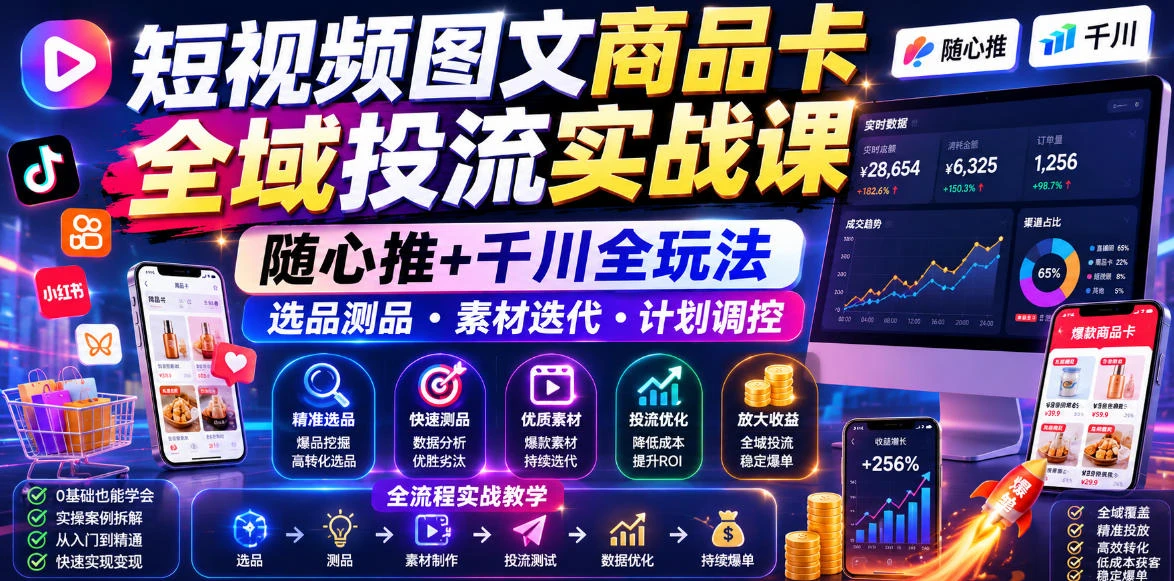 【精】短视频图文商品卡全域投流实战课,随心推+千川全玩法,选品测品・素材迭代・计划调控,提升ROI爆单增收教程-副业吧